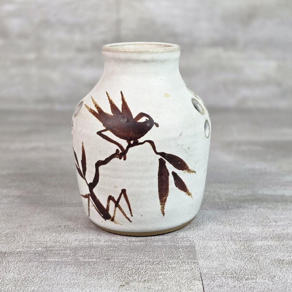 Rare Vintage Pysht Pottery Bud Vase Bird Perches On Bamboo 1983 Stoneware Signed